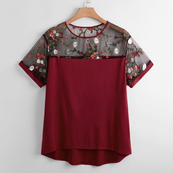 

Plus Contrast Floral Embroidery Mesh Panel Top, Burgundy