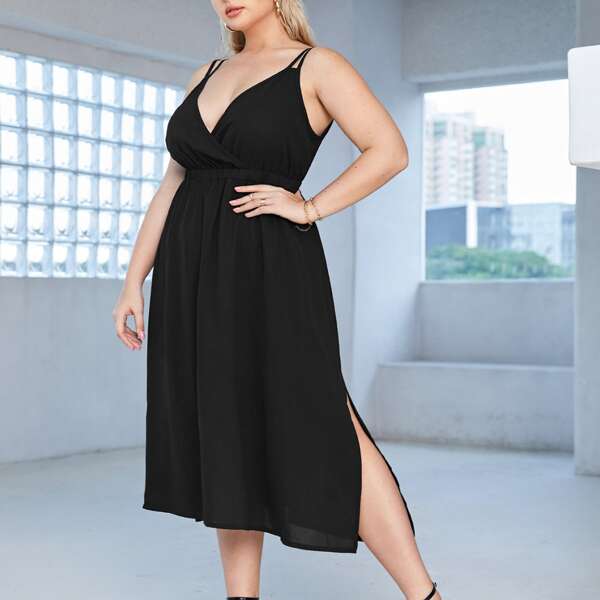 

Plus Solid Side Split Cami Dress, Black