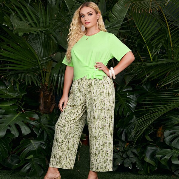 

Plus Button Detail Tee With Wide Leg Pants, Multicolor