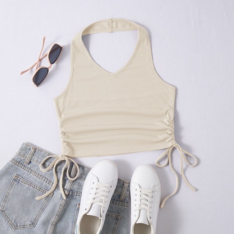 

Solid Drawstring Side Ribbed Halter Crop Top, Beige