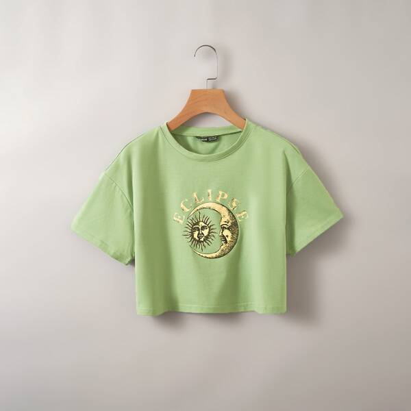 

Moon And Letter Graphic Crop Tee, Mint green