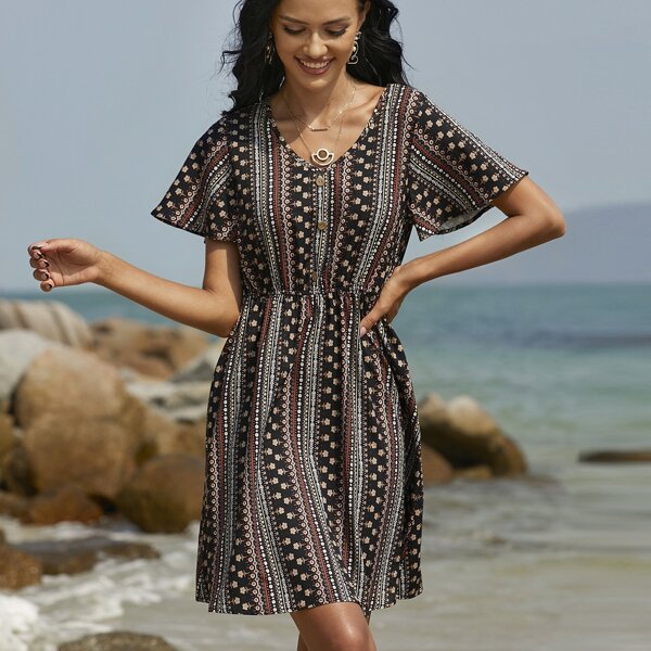 

Floral & Striped Print A-line Dress, Multicolor