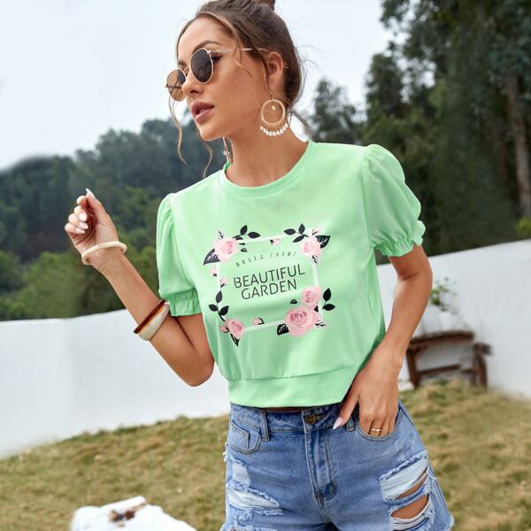 

Slogan & Floral Print Puff Sleeve Tee, Mint green