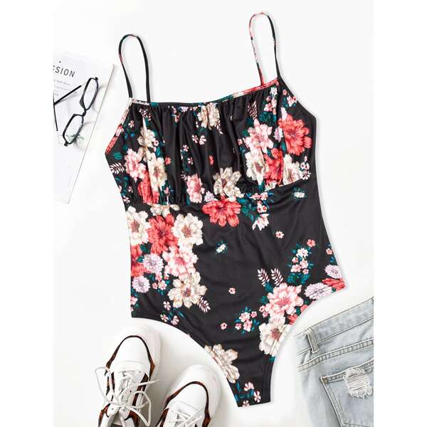 

Plus Flower Print Ruched Bust Cami Bodysuit, Multicolor
