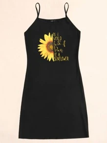 SHEIN LUNE 大碼向日葵和標語圖案吊帶洋裝 - 黑色 - 查看 3