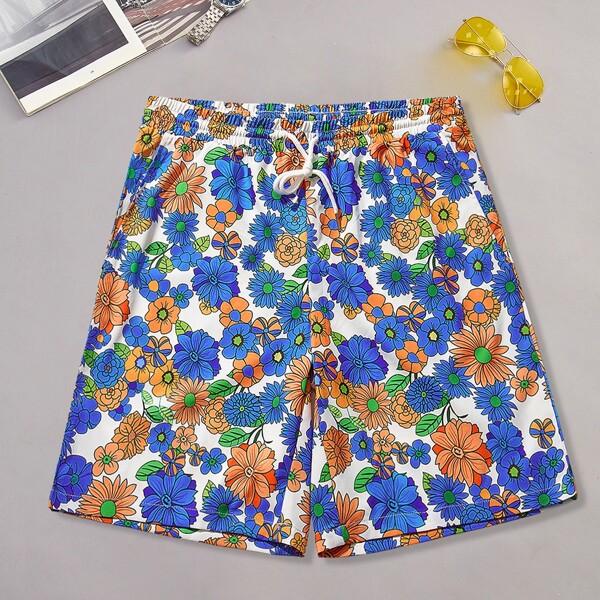 

Men Allover Floral Print Drawstring Shorts, Multicolor