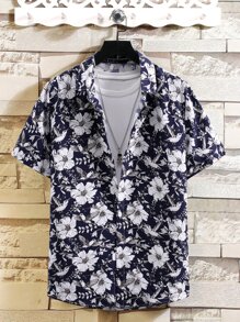 Manfinity RSRT Men Random Floral Print Button Up Shirt Without Tee - Blue and White - View 1