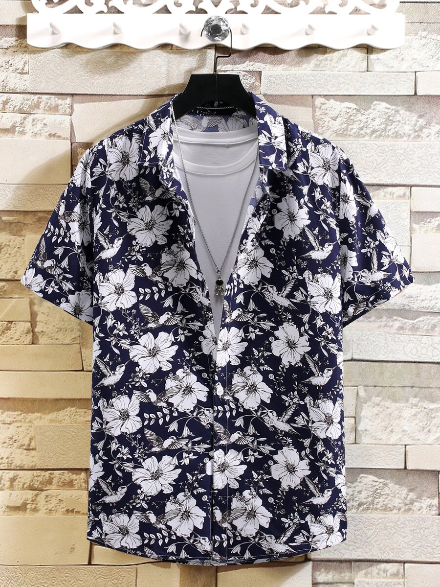 Manfinity RSRT Men Random Floral Print Button Up Shirt Without Tee - Blue and White - View 1