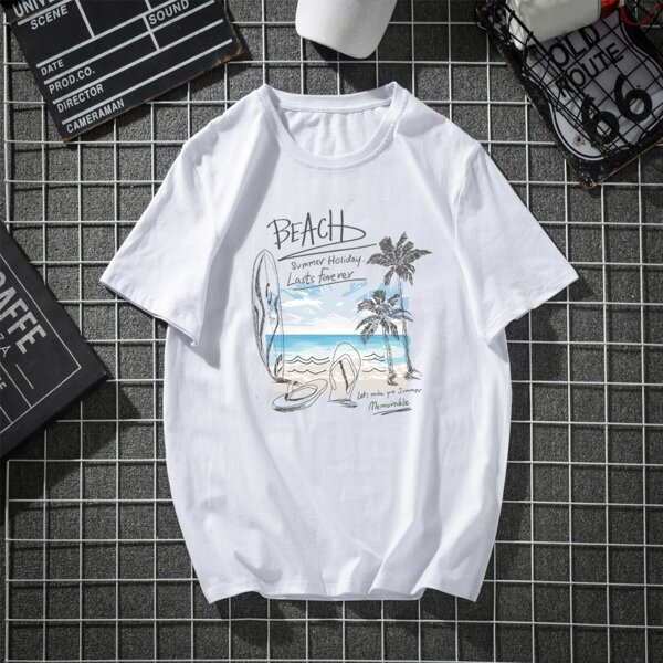 

Men Letter & Tropical Print Tee, White