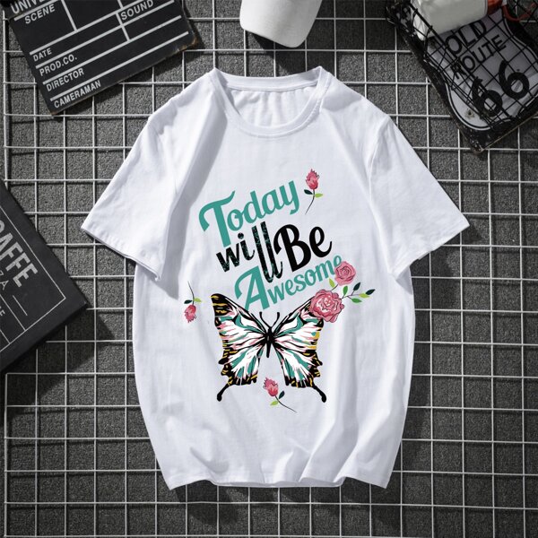 

Men Slogan & Butterfly Print Tee, White