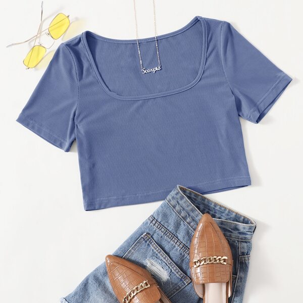 

Ribbed Scoop Neck Crop Tee, Dusty blue