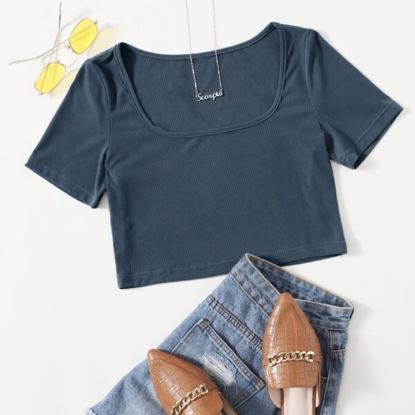 

Ribbed Scoop Neck Crop Tee, Navy blue