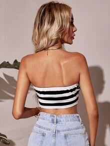SHEIN Knot Hem Striped Tube Top - Black and White - View 2