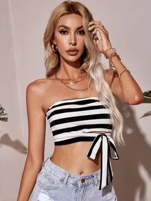 SHEIN Knot Hem Striped Tube Top - Black and White - View 3