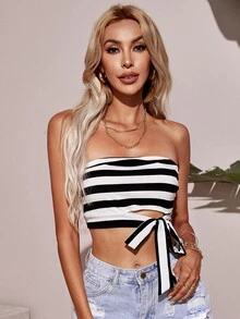 SHEIN Knot Hem Striped Tube Top - Black and White - View 5