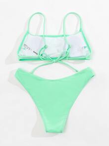 Plain High Cut Bikini For Summer Beach Vacation - Mint Green - View 2