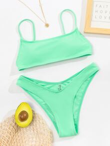 Plain High Cut Bikini For Summer Beach Vacation - Mint Green - View 3