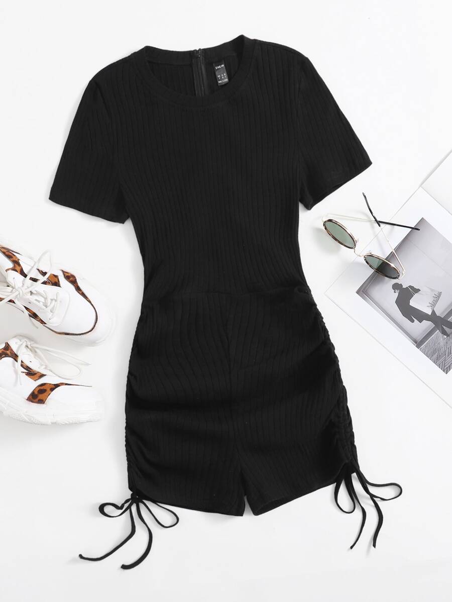 SHEIN EZwear Ruched Drawstring Knot Rib-knit Romper - Black - View 1