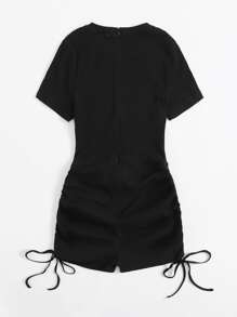 SHEIN EZwear Ruched Drawstring Knot Rib-knit Romper - Black - View 2