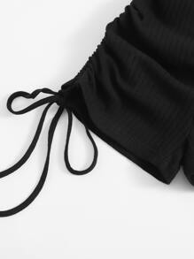 SHEIN EZwear Ruched Drawstring Knot Rib-knit Romper - Black - View 3