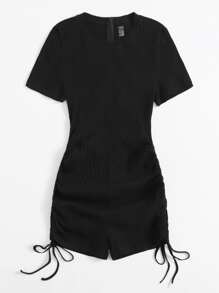 SHEIN EZwear Ruched Drawstring Knot Rib-knit Romper - Black - View 4