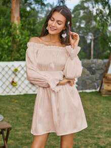 Double Crazy Frill Off Shoulder Silky Dress - Pink - View 1
