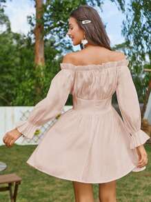 Double Crazy Frill Off Shoulder Silky Dress - Pink - View 2