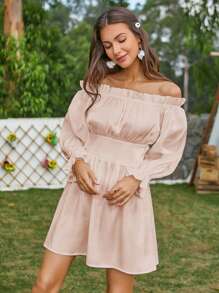 Double Crazy Frill Off Shoulder Silky Dress - Pink - View 4