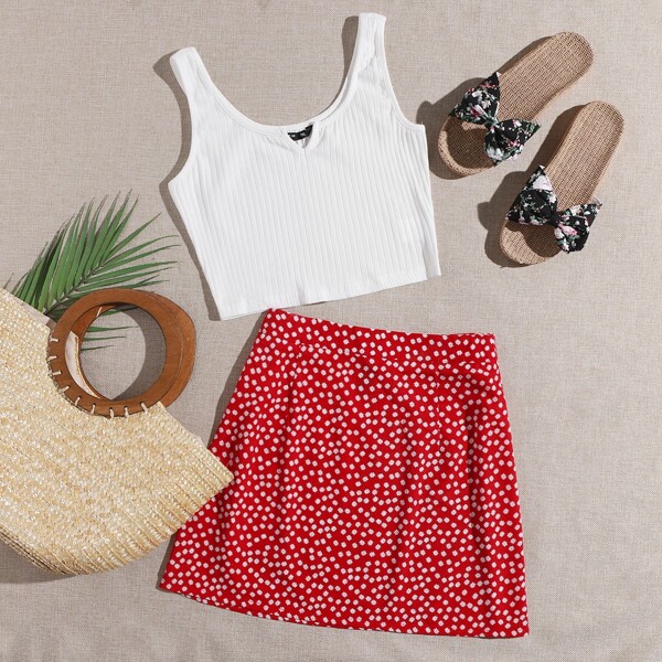 

Plus Notch Neck Tank Top & Ditsy Floral Skirt Set, Red and white