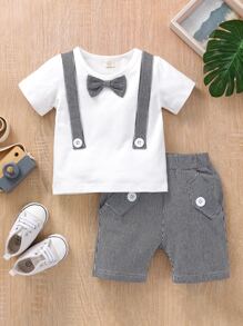 Baby Boy Bow Front Tape Tee With Striped Shorts - Black and White - View 1
