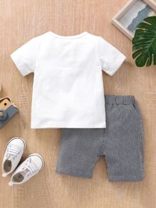 Baby Boy Bow Front Tape Tee With Striped Shorts - Black and White - View 2