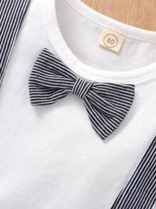 Baby Boy Bow Front Tape Tee With Striped Shorts - Black and White - View 4