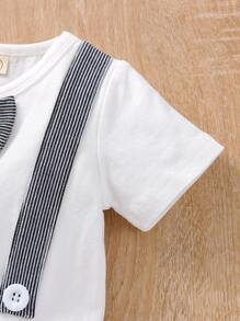 Baby Boy Bow Front Tape Tee With Striped Shorts - Black and White - View 5