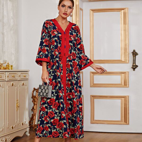 

Allover Floral Print V Neck Tunic Dress, Multicolor
