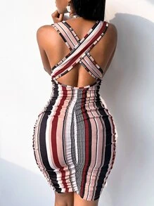 SHEIN VaVaLuxe Striped Criss Cross Back Bodycon Dress - Multicolor - View 2