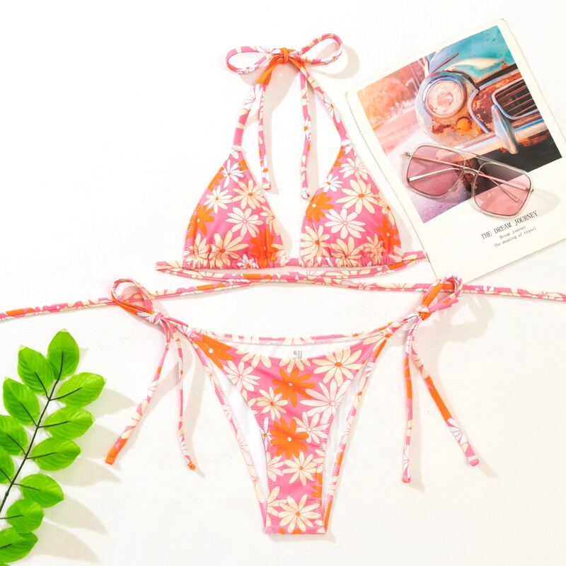 

Floral Triangle Tie Side Bikini Swimsuit, Multicolor
