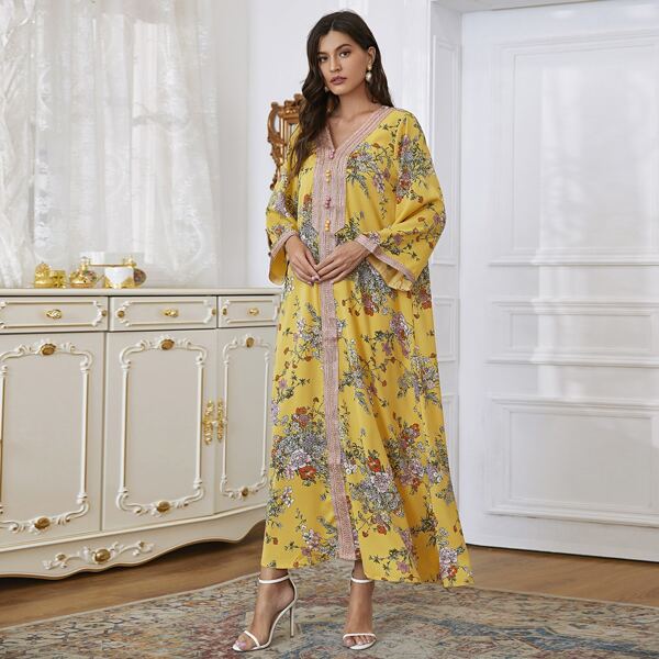 

Allover Floral Print Taped Trim Tunic Dress, Multicolor