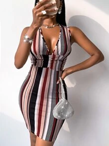 SHEIN VaVaLuxe Striped Criss Cross Back Bodycon Dress - Multicolor - View 4