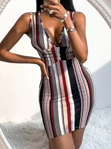 SHEIN VaVaLuxe Striped Criss Cross Back Bodycon Dress - Multicolor - View 5