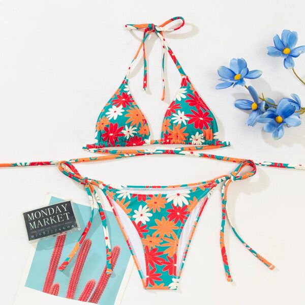 

Floral Triangle Tie Side Bikini Swimsuit, Multicolor