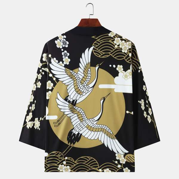 

Men Crane & Floral Print Kimono, Multicolor