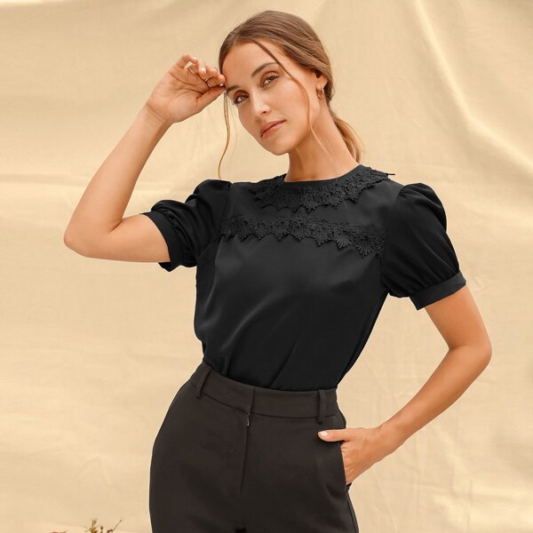 

Lace Trimed Puff Sleeve Blouse, Black