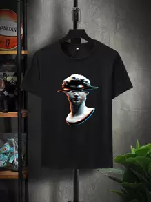 Manfinity 男士雕像圖案短袖T恤 - 黑色 - 查看 1