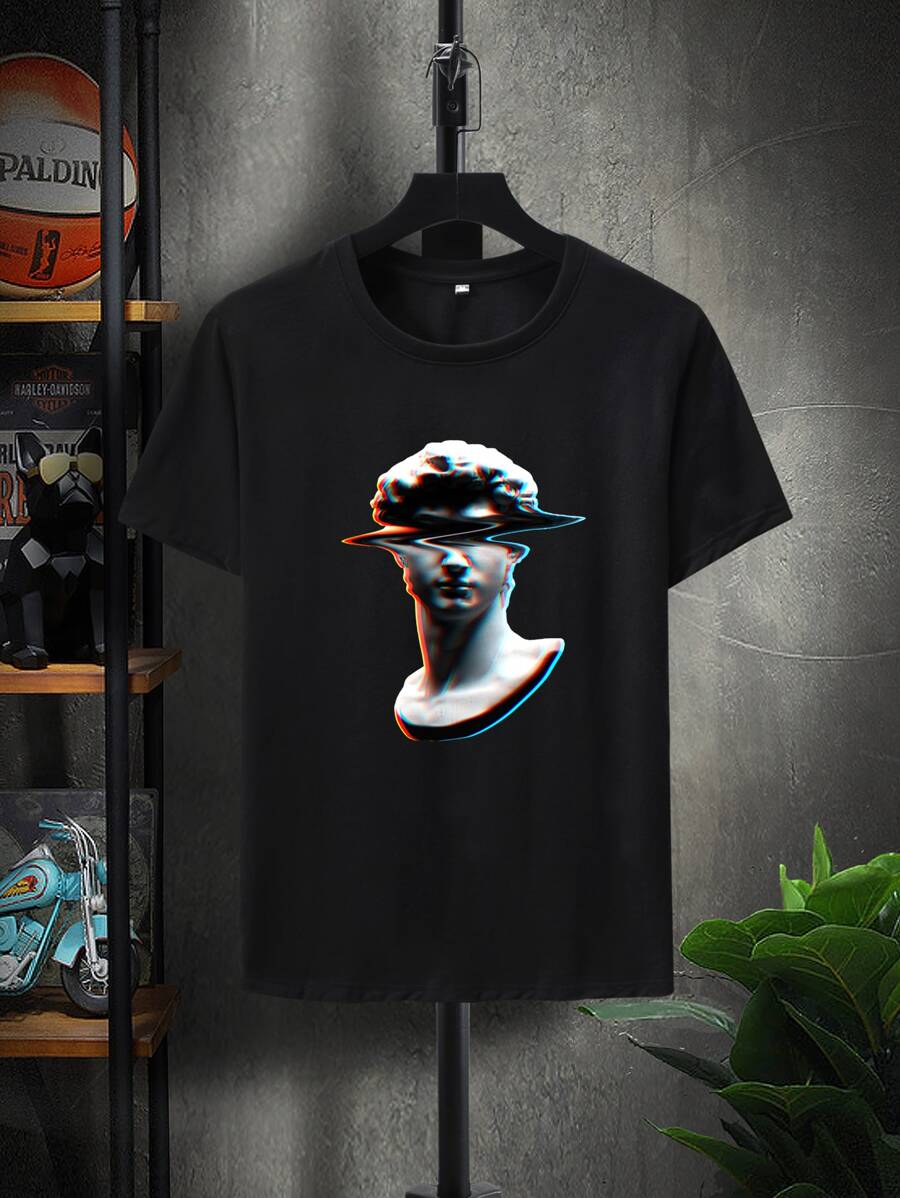 Manfinity 男士雕像圖案短袖T恤 - 黑色 - 查看 1