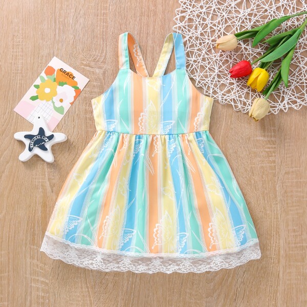 

Baby Girl Butterfly And Striped Contrast Lace Cami Dress, Multicolor