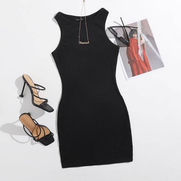 

Plus Solid Rib-knit Bodycon Dress, Black