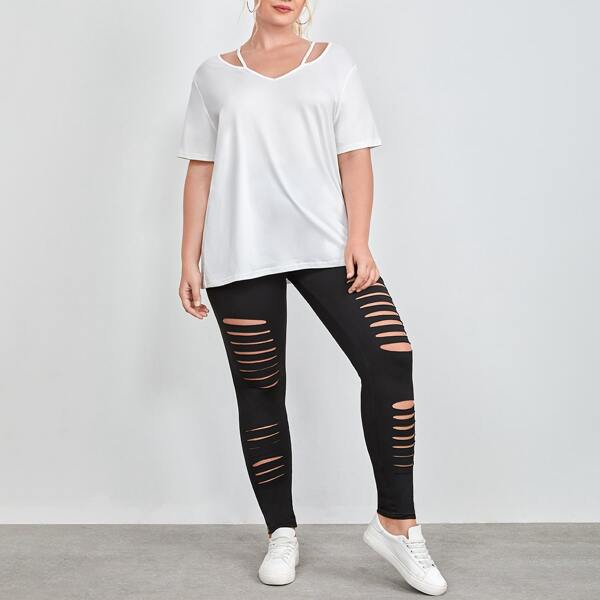

Plus Solid Tee & Cut Out Leggings, Black and white