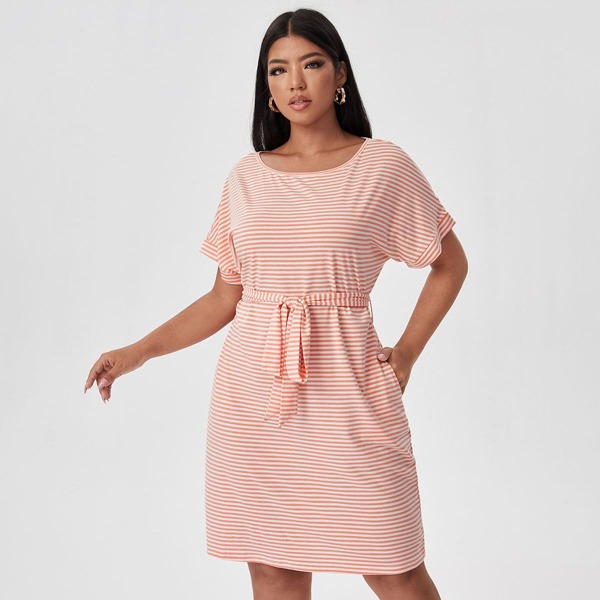 

Plus Stripe Batwing Sleeve Belted Dress, Multicolor