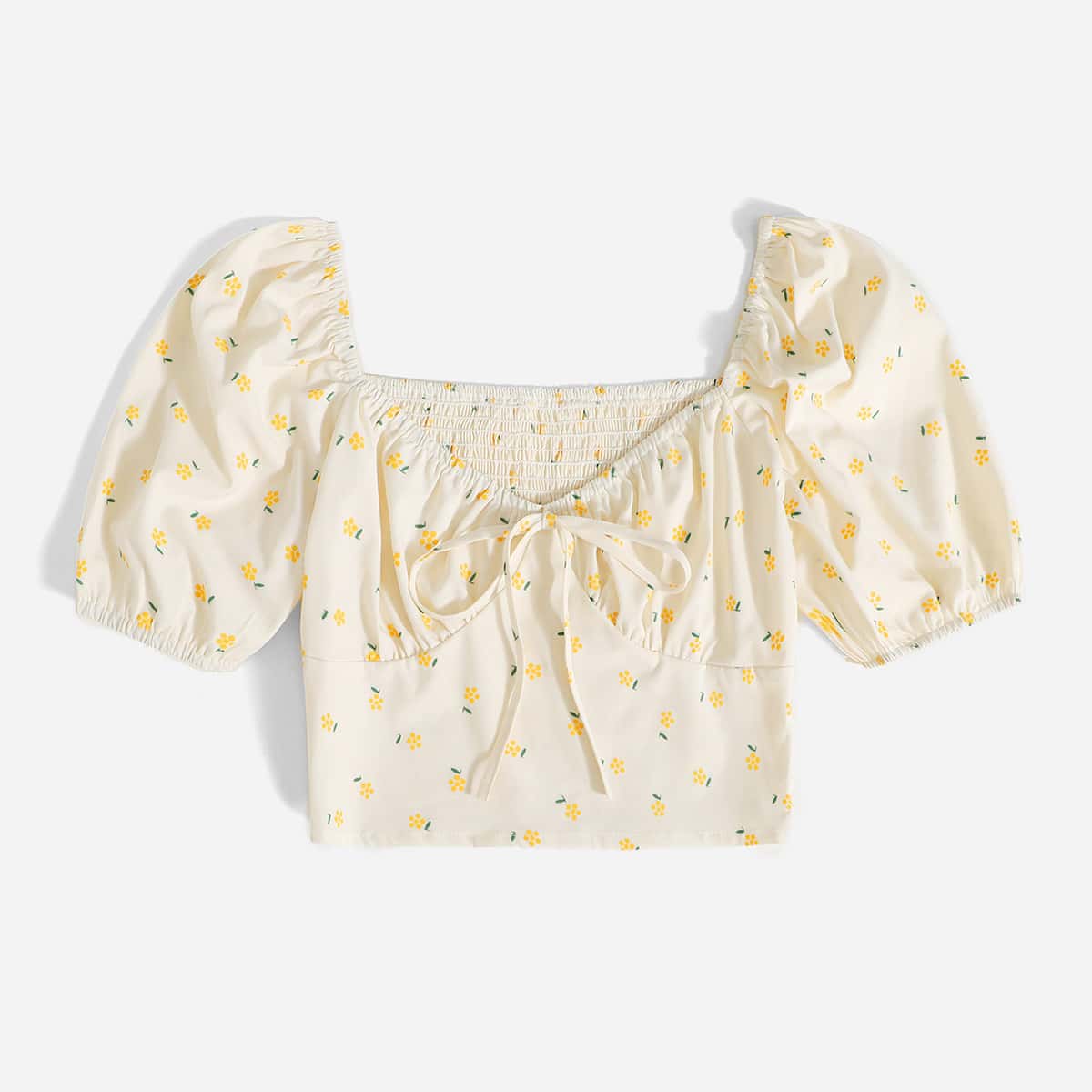 

Ditsy Floral Shirred Blouse, Beige
