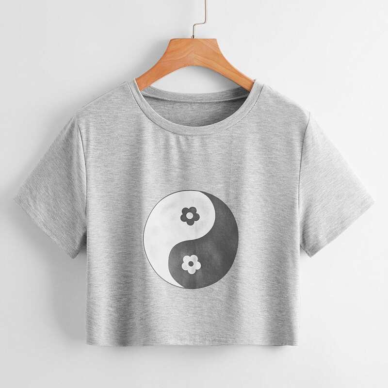

Floral Yin And Yang Graphic Crop Tee, Light grey